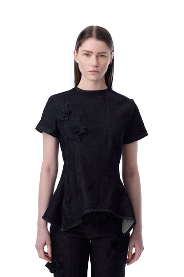 BLACK DENIM CAP SLEEVE PEPLUM TOP marques almeida