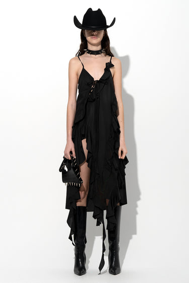BLACK STRAP DRESS WITH ASYMMETRIC CASCADING FRILLS marques almeida