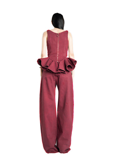 BURGUNDY DRILL CORSET WITH PEPLUM MARQUES ALMEIDA