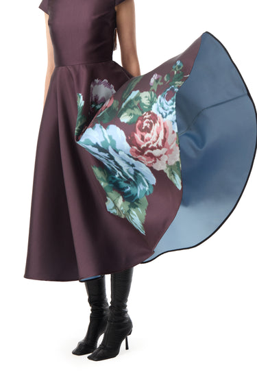 BURGUNDY FLOWER PRINTED CAP SLEEVE DRESS marques almeida