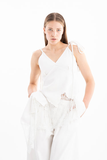 WHITE DENIM AND LACE STRAP TOP WITH ASYMMETRIC HEM marques almeida