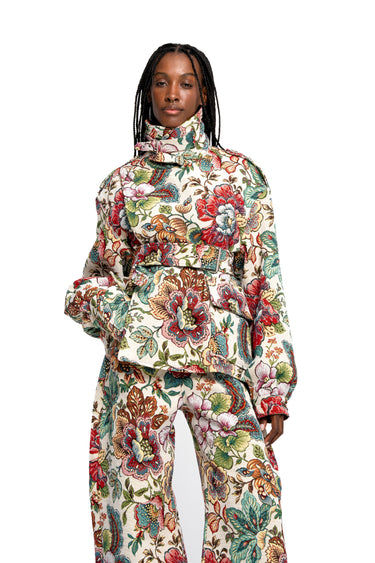 WHITE FLORAL BROCADE CROPPED TRENCH COAT STYLE JACKET marques almeida